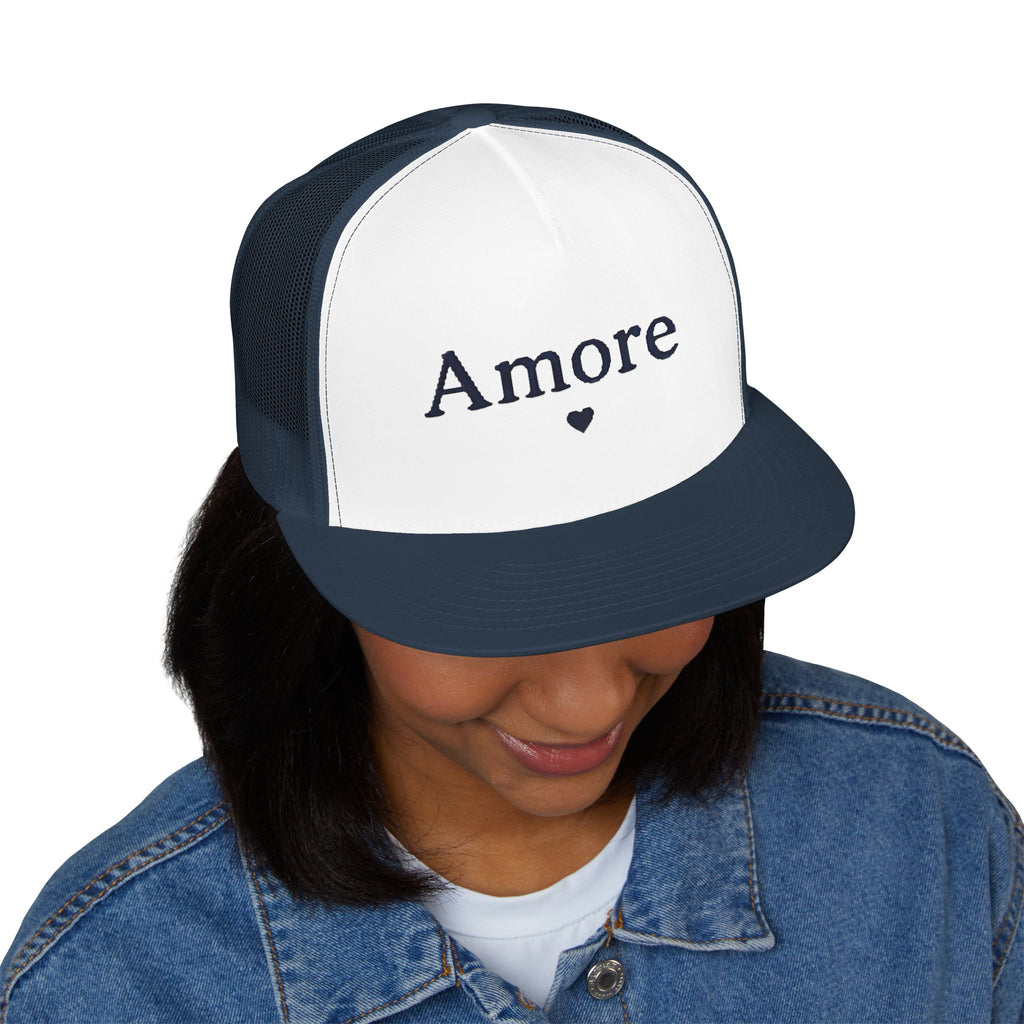 Amore Heart Trucker Hat – Vintage Script Snapback Cap