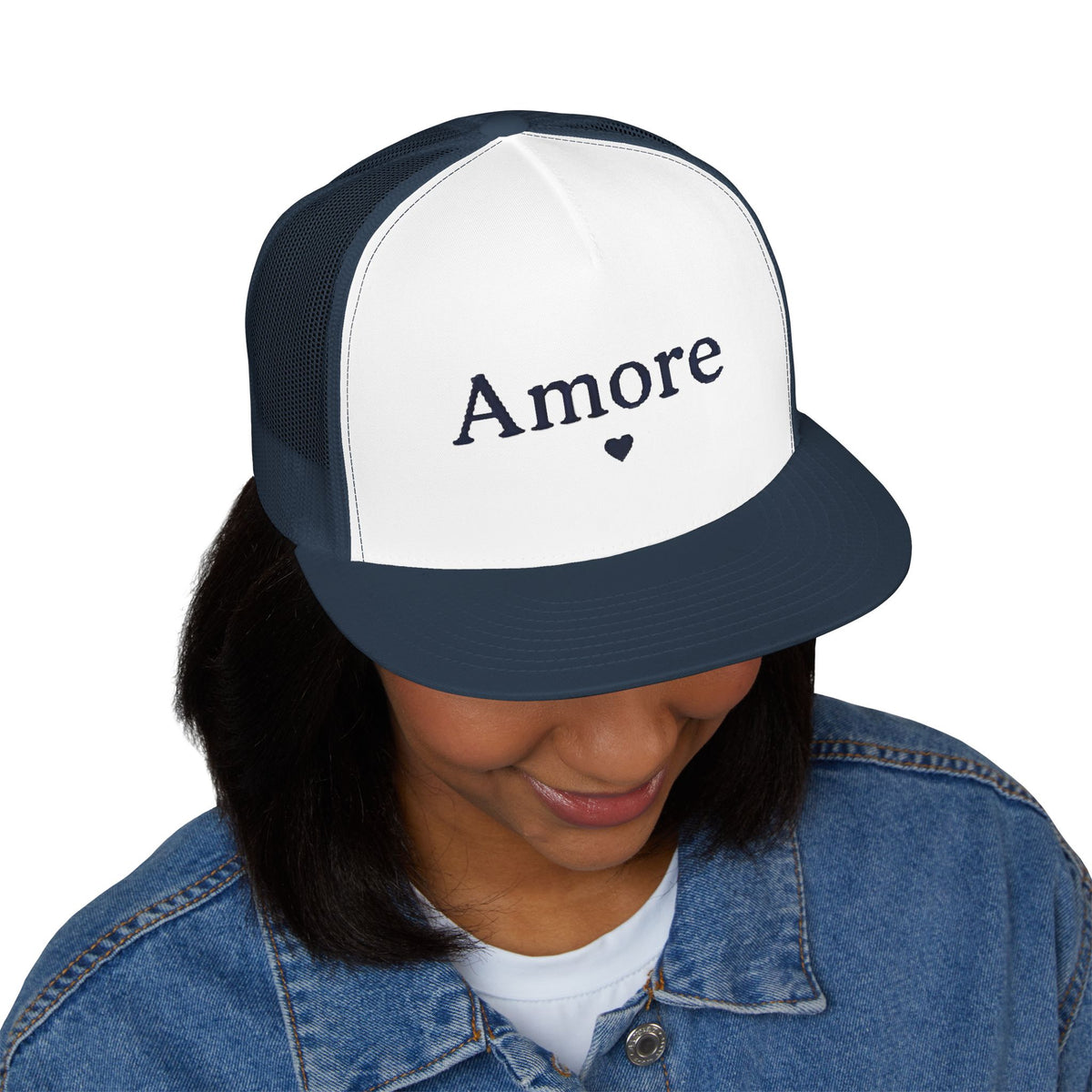 Amore Heart Trucker Hat – Vintage Script Snapback Cap