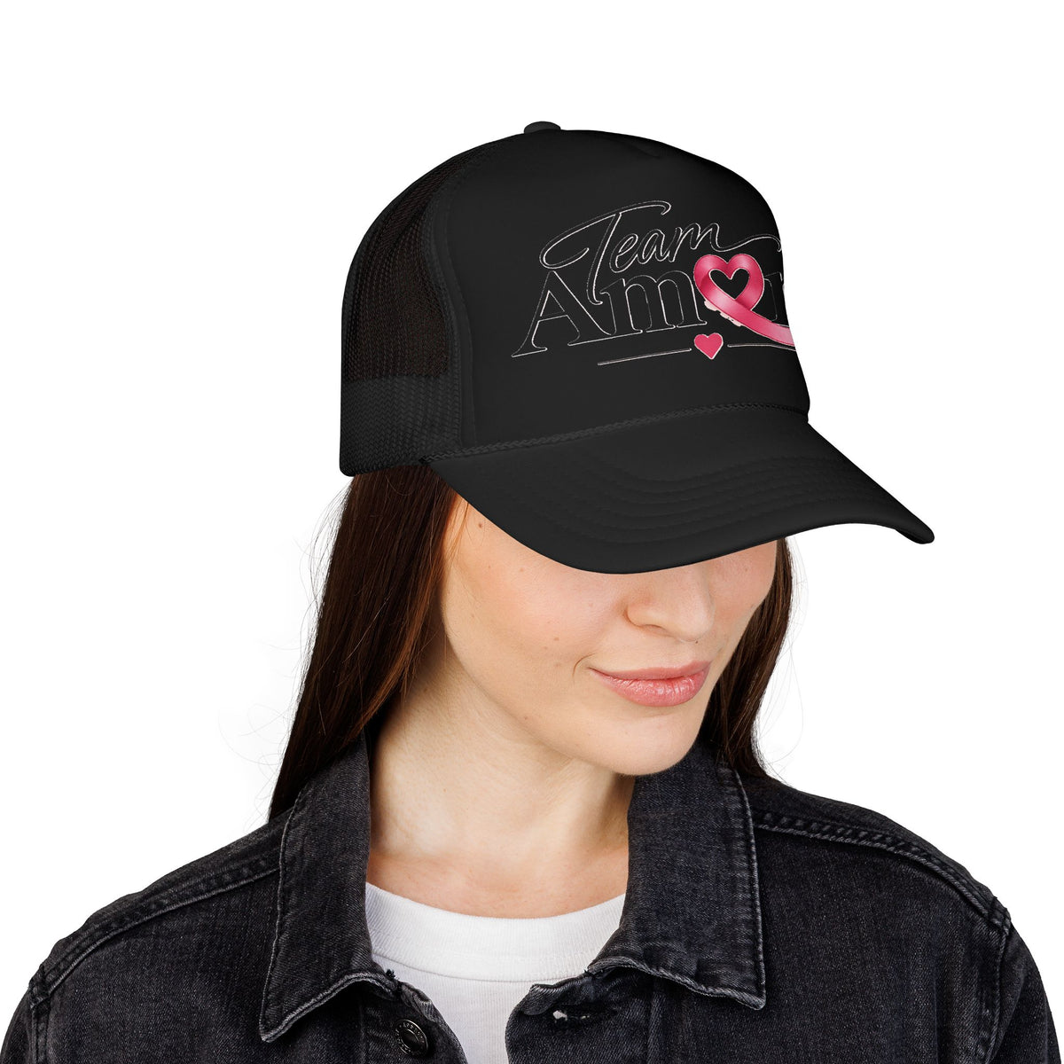 Team Amore Pink Ribbon Foam Trucker Hat — Breast Cancer Support & Valentine Heart Cap