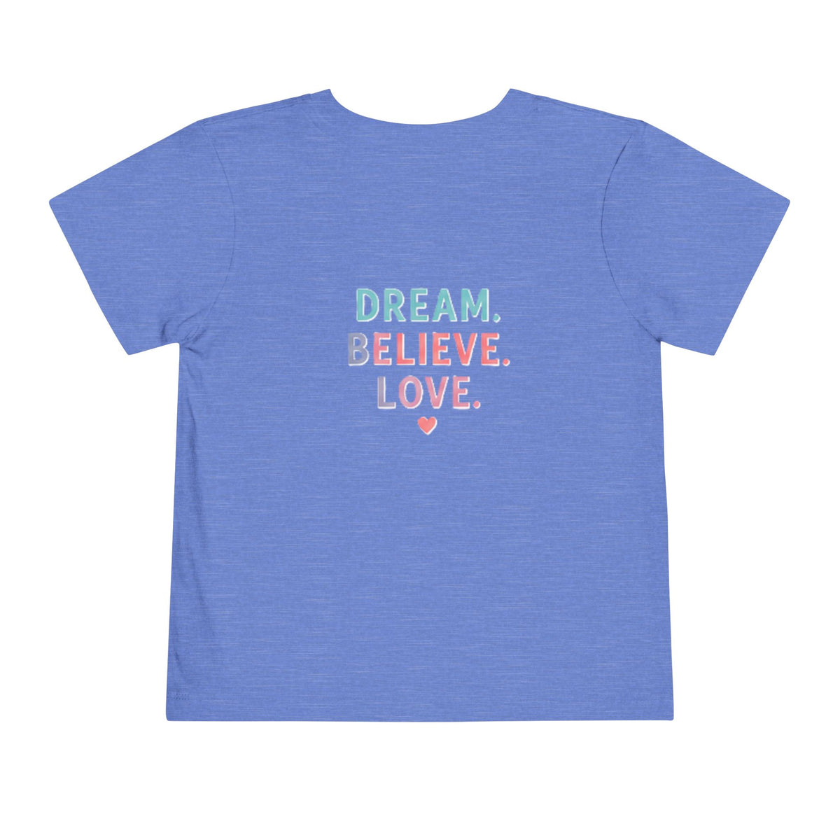 Toddler Tee — Cute Black Dog in Pink Car with "Dream. Believe. Love." Back Print