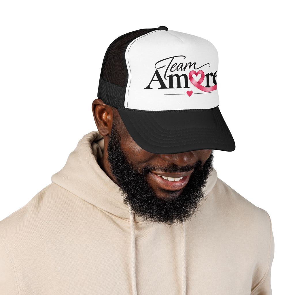 Team Amore Pink Ribbon Foam Trucker Hat — Breast Cancer Support & Valentine Heart Cap