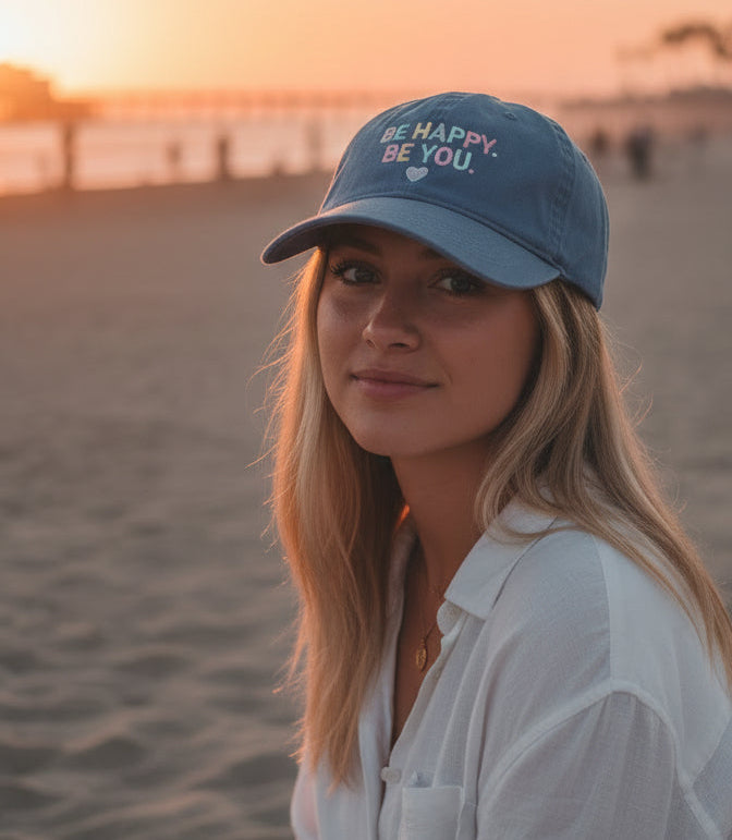 'Be Happy. Be You.' Positive Vibes, Casual Everyday Wear Embroidered Baseball Cap