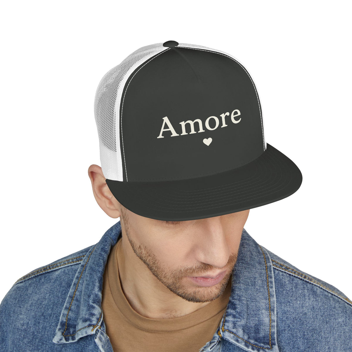 Amore Heart Trucker Hat – Vintage Script Snapback Cap