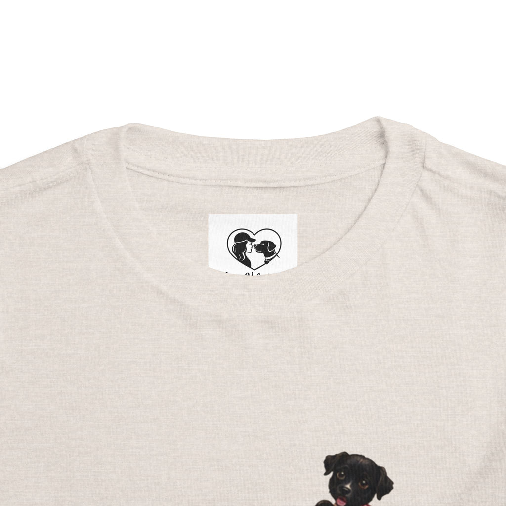 Toddler Tee — Cute Black Dog in Pink Car with "Dream. Believe. Love." Back Print