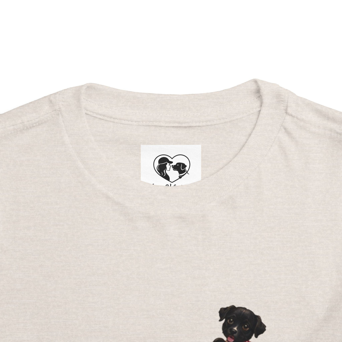 Toddler Tee — Cute Black Dog in Pink Car with "Dream. Believe. Love." Back Print