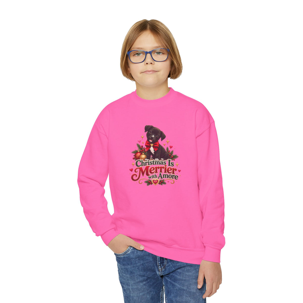 Christmas Is Merrier with Amore Youth Crewneck Sweatshirt