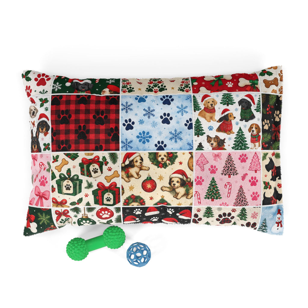 Holiday Patchwork Pet Bed — Festive Paw Print & Puppy Pattern Dog Bed
