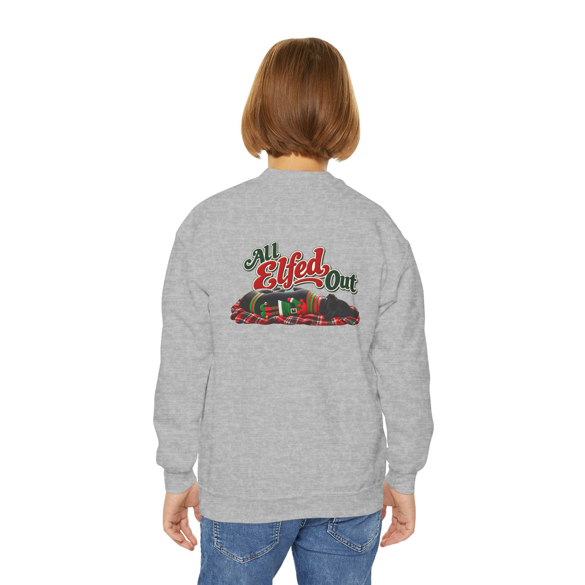 Youth Crewneck Sweatshirt — “Holiday Helper” & “All Elfed Out” Back