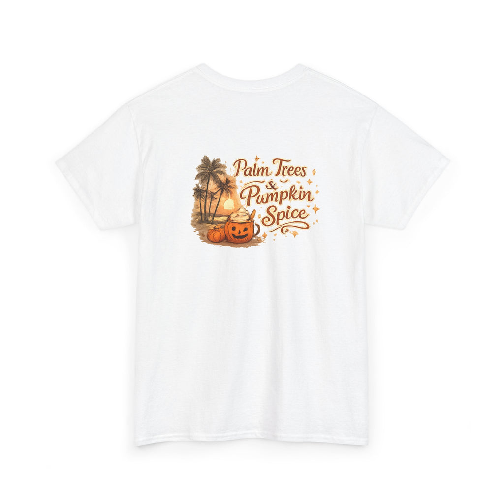 Women's Amore Halloween Icon Palm Trees & Pumpkin Spice Graphic T-Shirt
