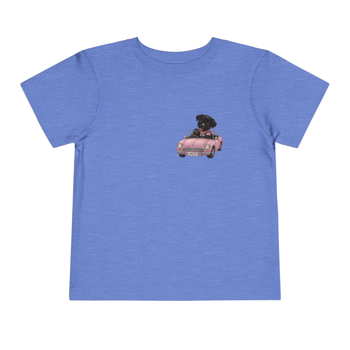 Toddler Tee — Cute Black Dog in Pink Car with "Dream. Believe. Love." Back Print
