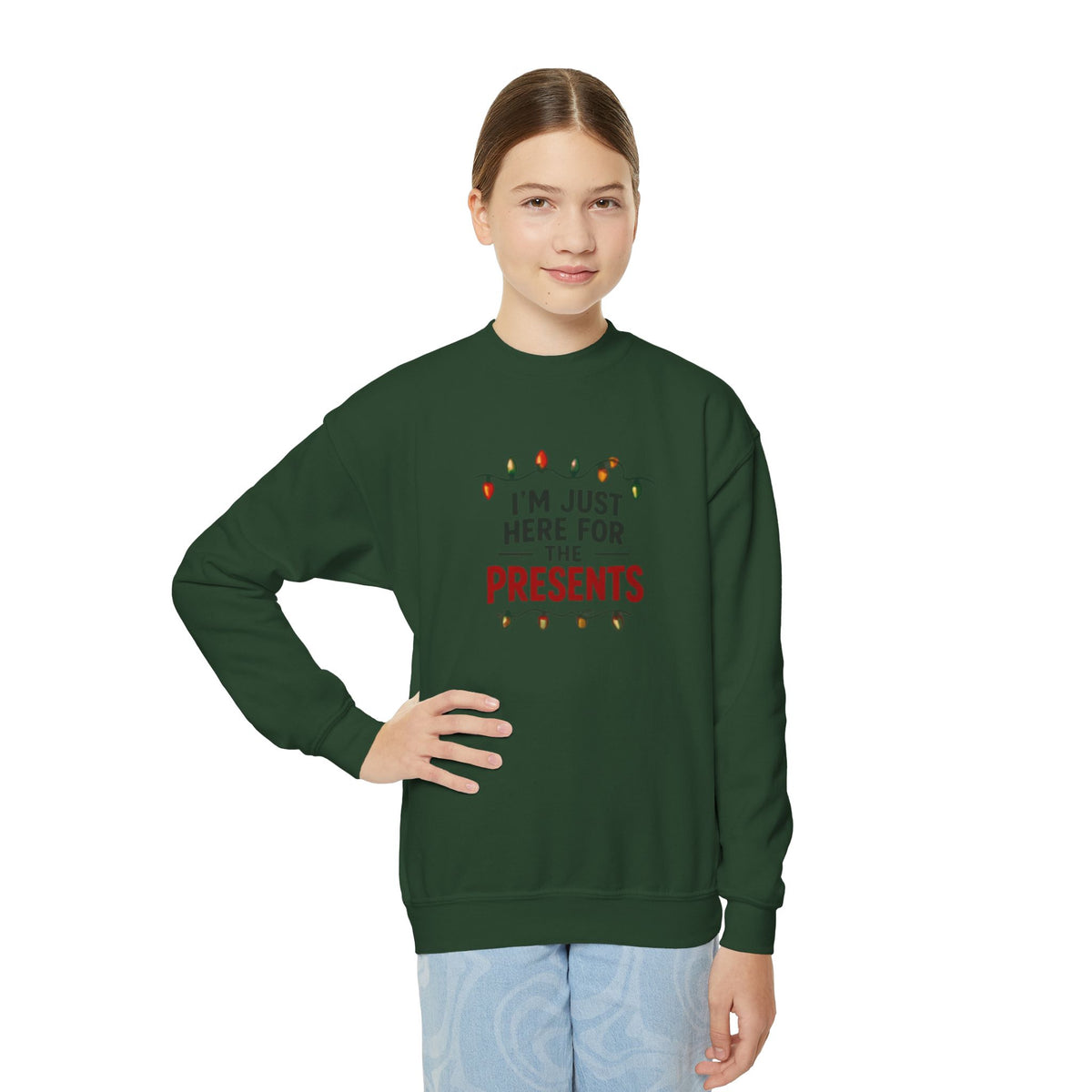 Youth Sweatshirt - "I’m Just Here for the Presents" Christmas Crewneck