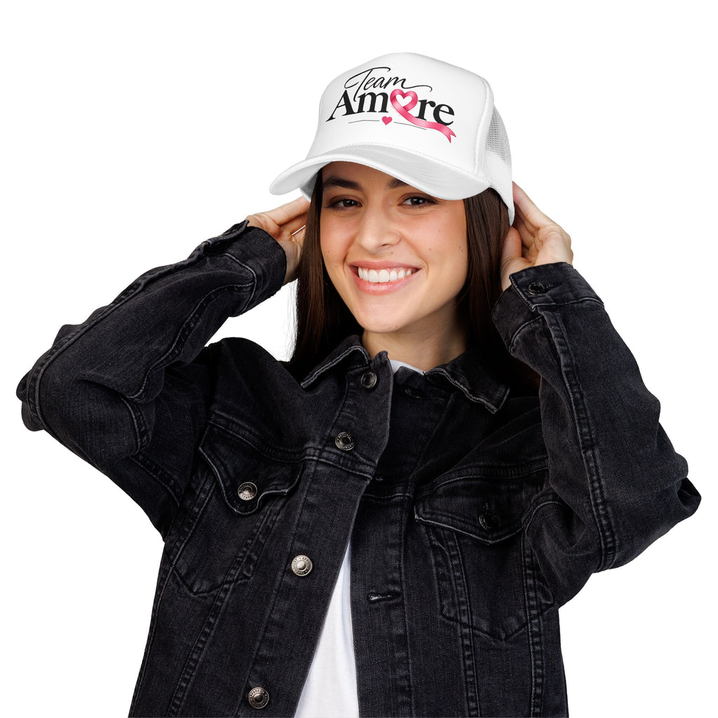 Team Amore Pink Ribbon Foam Trucker Hat — Breast Cancer Support & Valentine Heart Cap