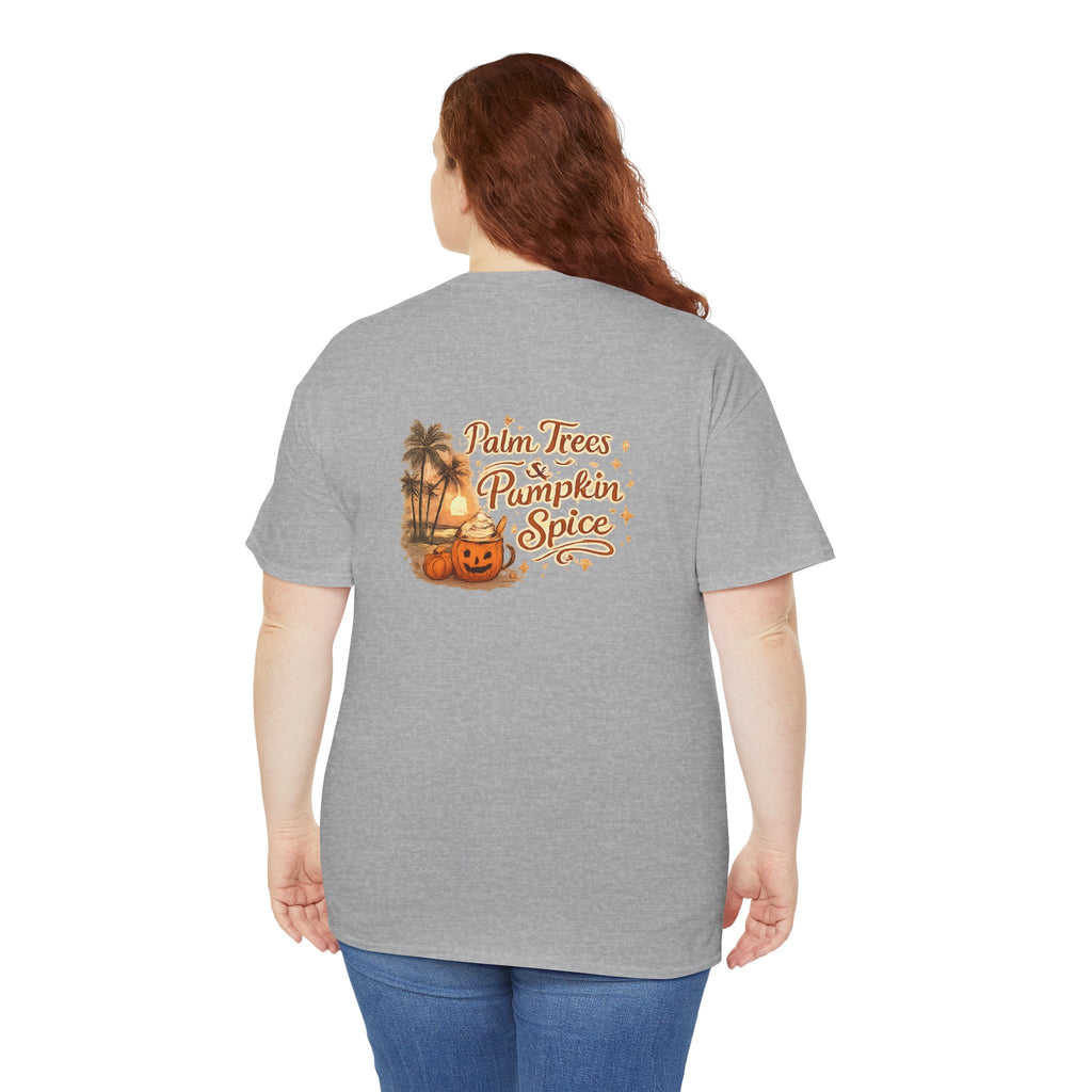 Women's Amore Halloween Icon Palm Trees & Pumpkin Spice Graphic T-Shirt