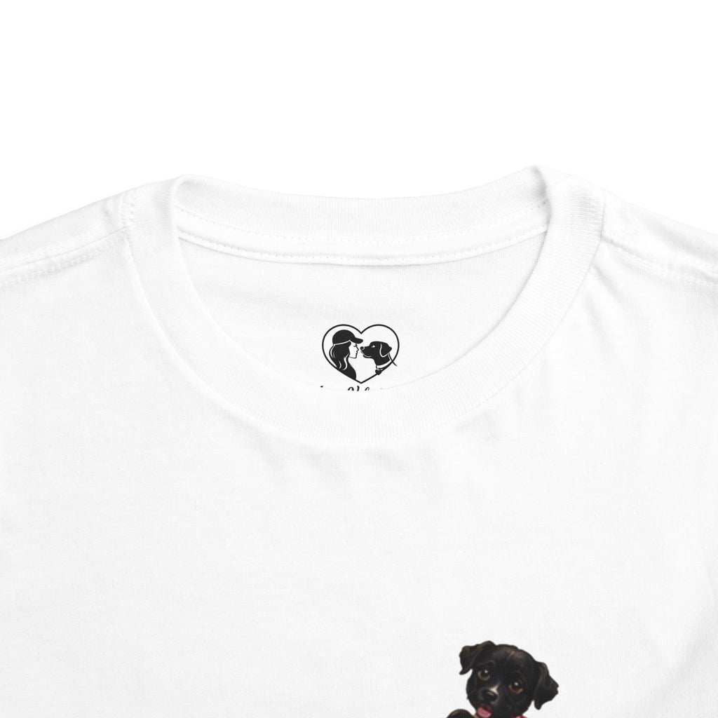 Toddler Tee — Cute Black Dog in Pink Car with "Dream. Believe. Love." Back Print