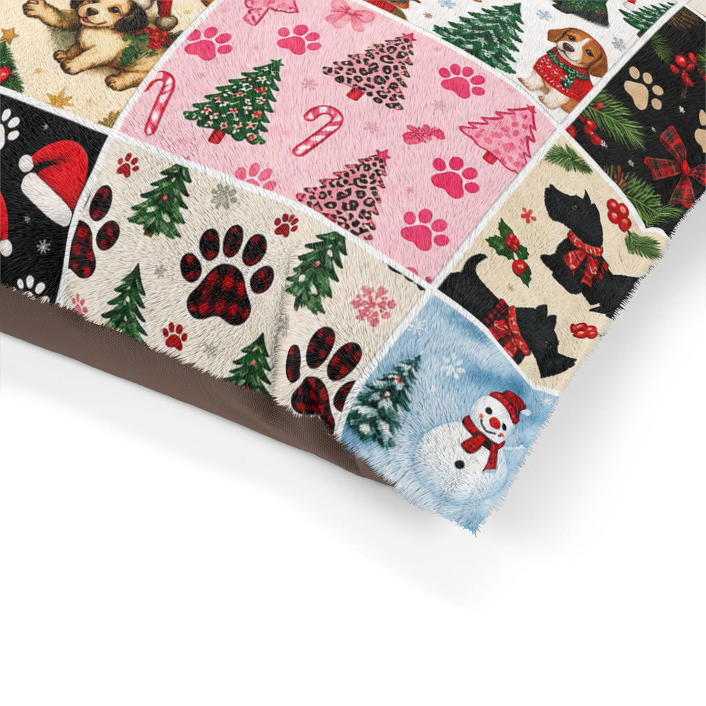 Holiday Patchwork Pet Bed — Festive Paw Print & Puppy Pattern Dog Bed