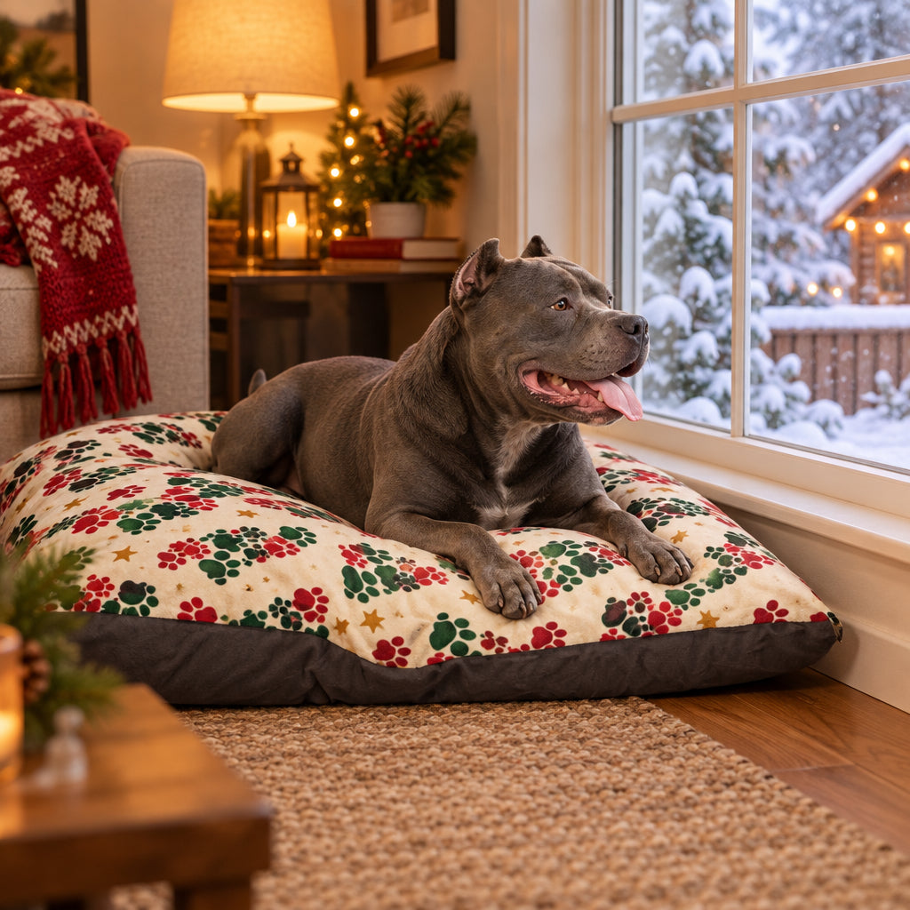 Holiday Paw Print Pet Bed — Festive Christmas Tree Pattern