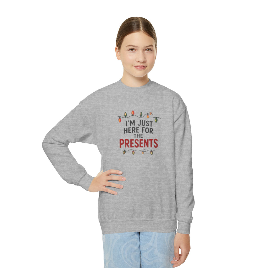 Youth Sweatshirt - "I’m Just Here for the Presents" Christmas Crewneck