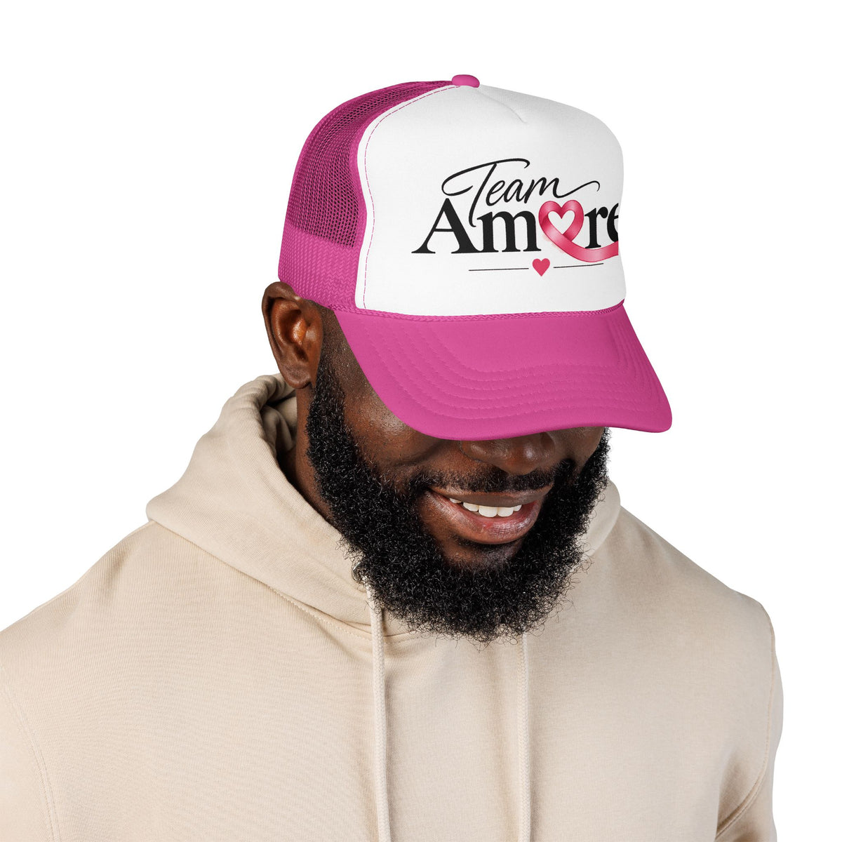 Team Amore Pink Ribbon Foam Trucker Hat — Breast Cancer Support & Valentine Heart Cap