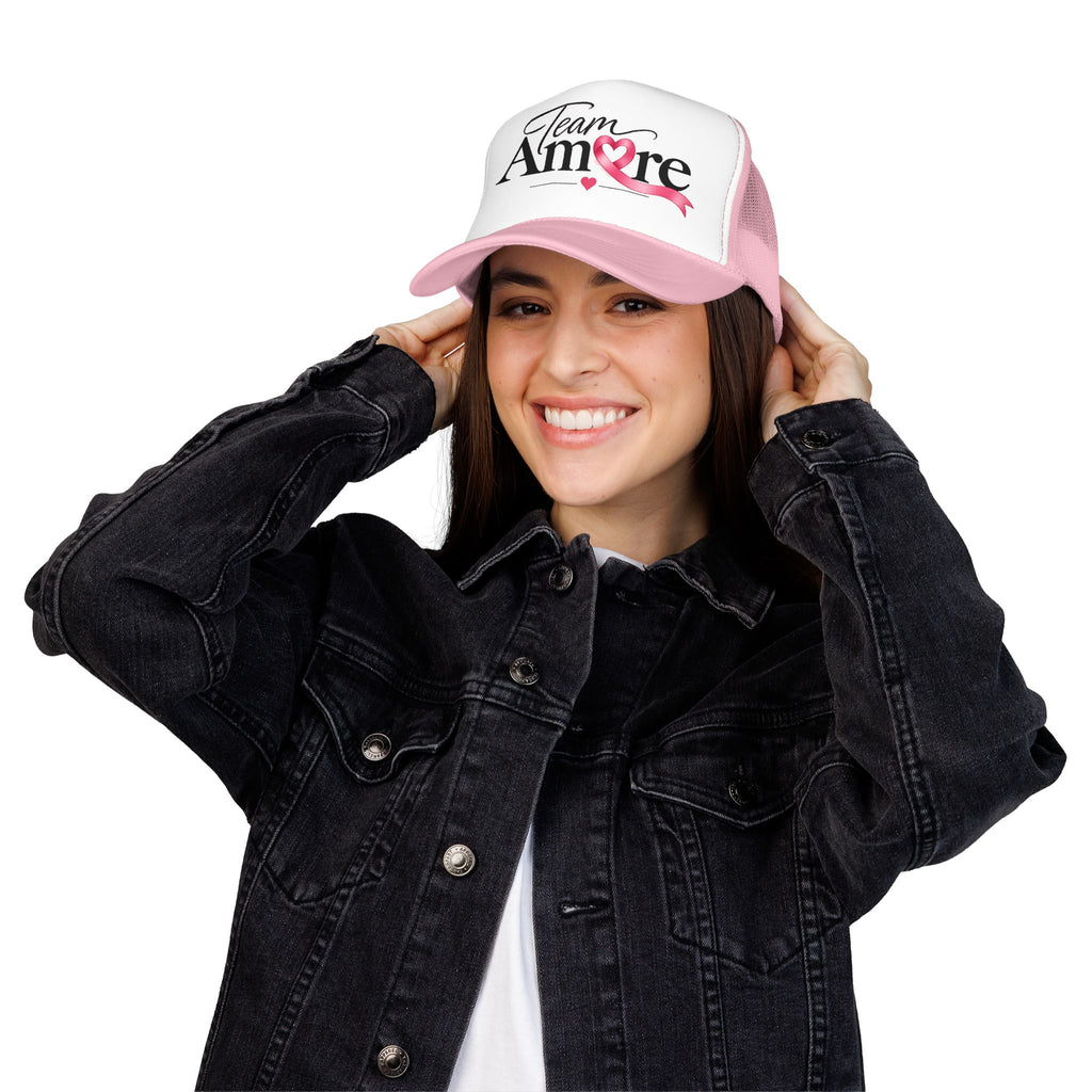Team Amore Pink Ribbon Foam Trucker Hat — Breast Cancer Support & Valentine Heart Cap