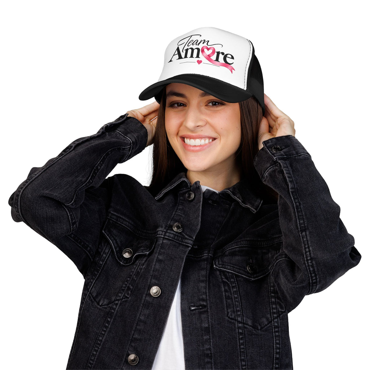 Team Amore Pink Ribbon Foam Trucker Hat — Breast Cancer Support & Valentine Heart Cap