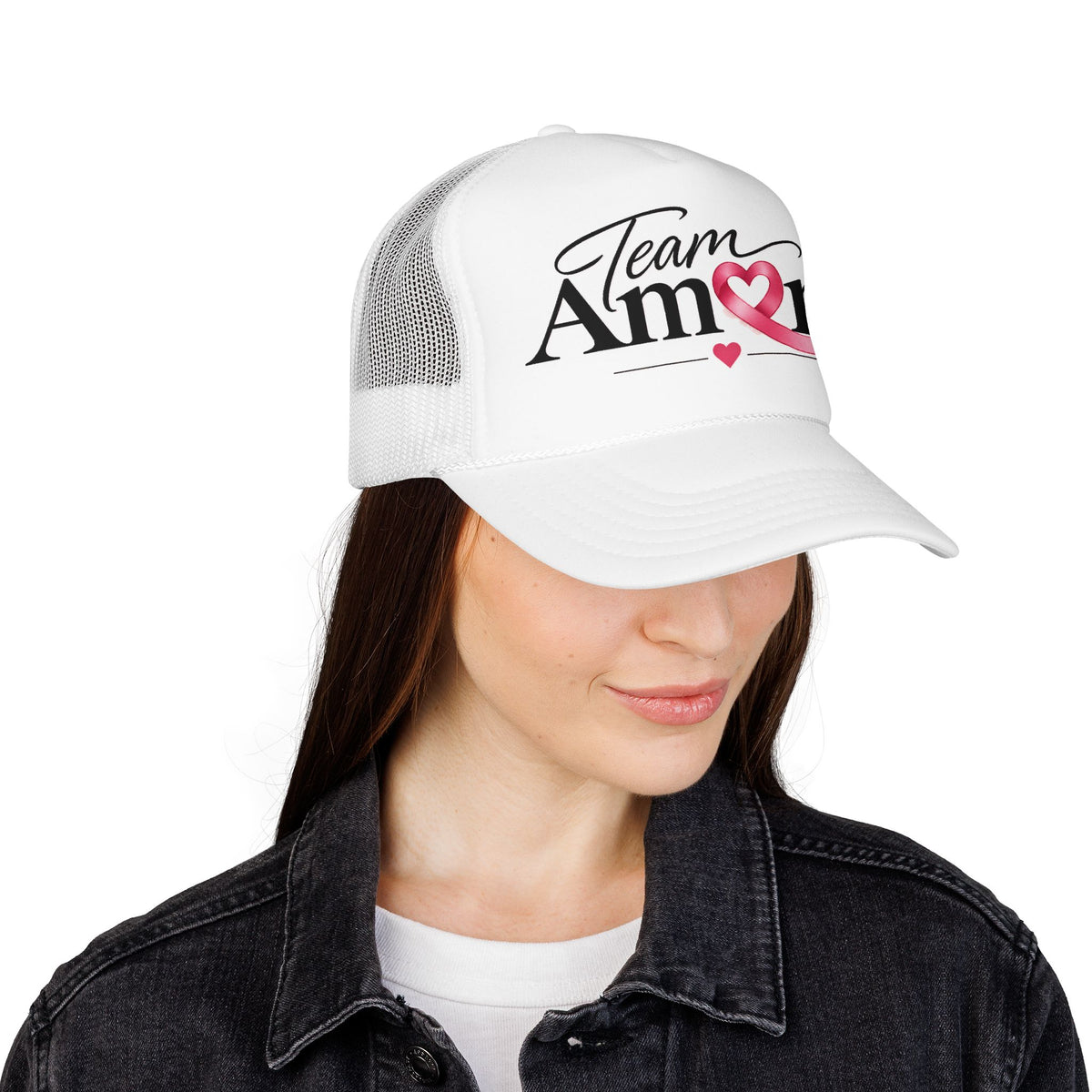 Team Amore Pink Ribbon Foam Trucker Hat — Breast Cancer Support & Valentine Heart Cap