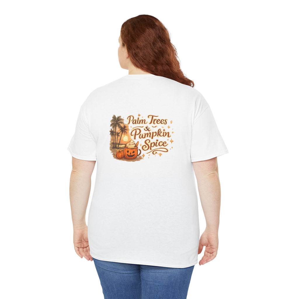 Women's Amore Halloween Icon Palm Trees & Pumpkin Spice Graphic T-Shirt