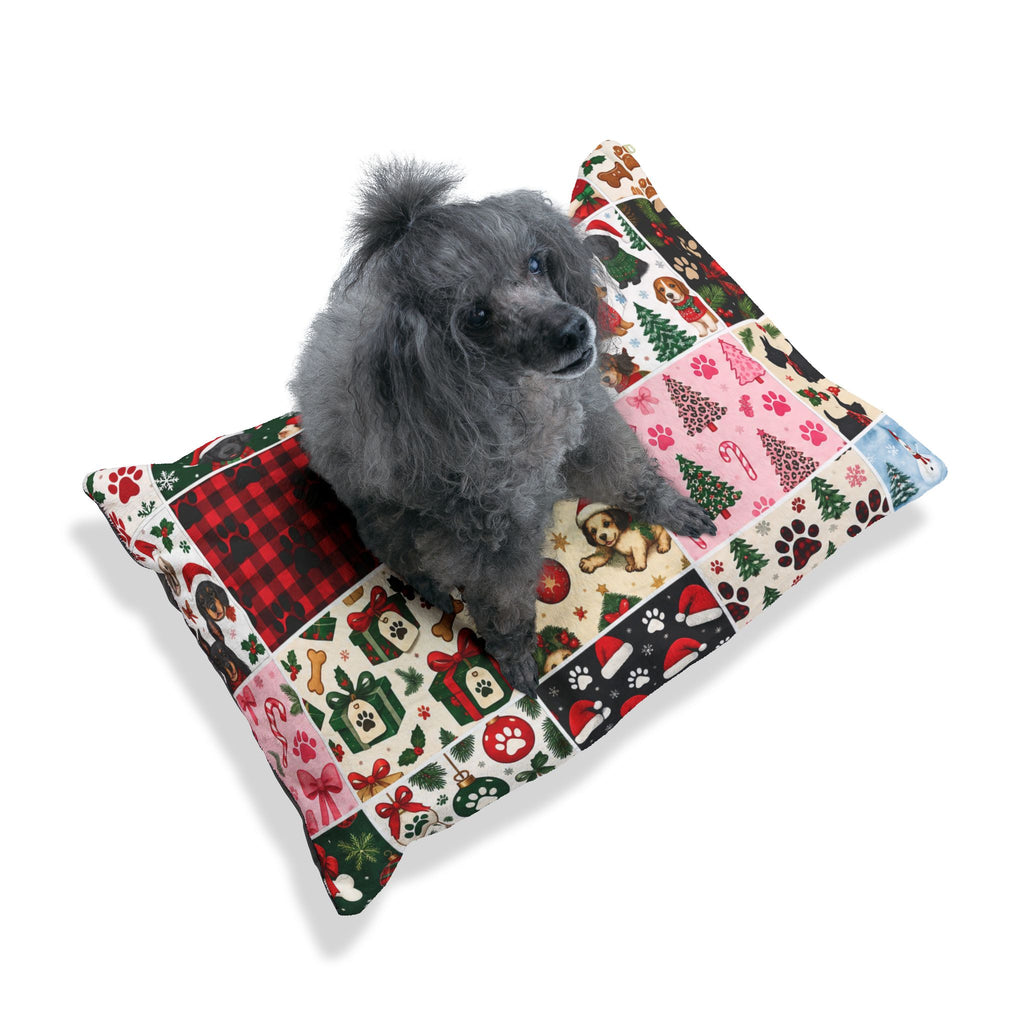 Holiday Patchwork Pet Bed — Festive Paw Print & Puppy Pattern Dog Bed