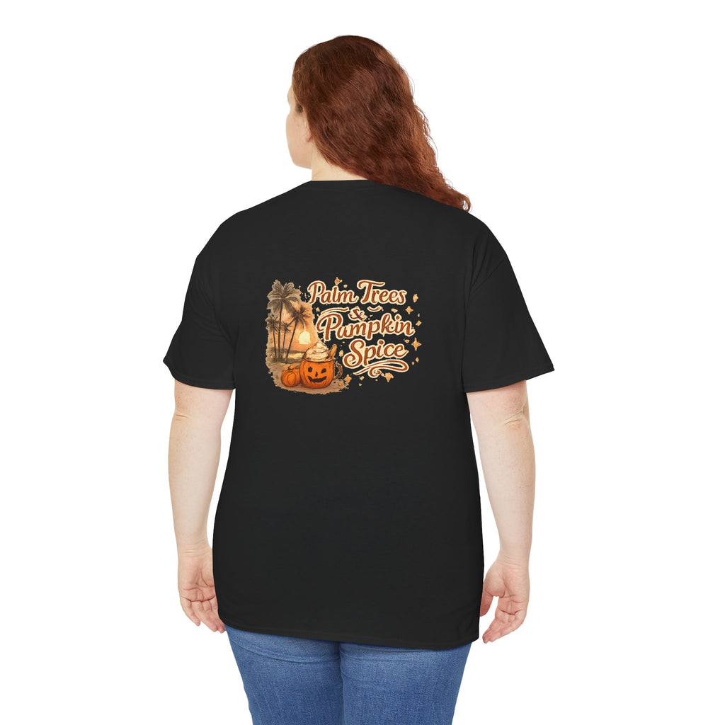 Women's Amore Halloween Icon Palm Trees & Pumpkin Spice Graphic T-Shirt