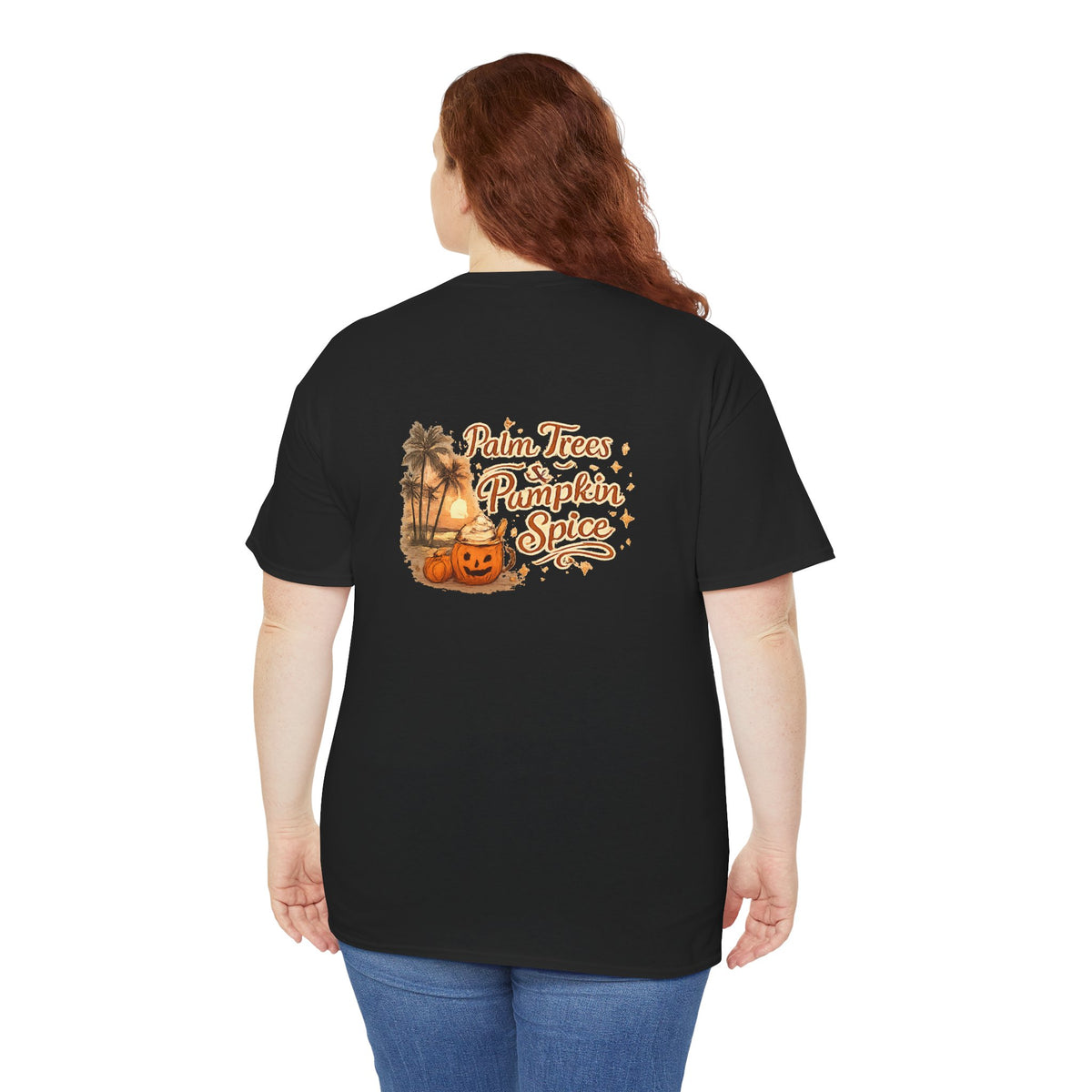 Women's Amore Halloween Icon Palm Trees & Pumpkin Spice Graphic T-Shirt