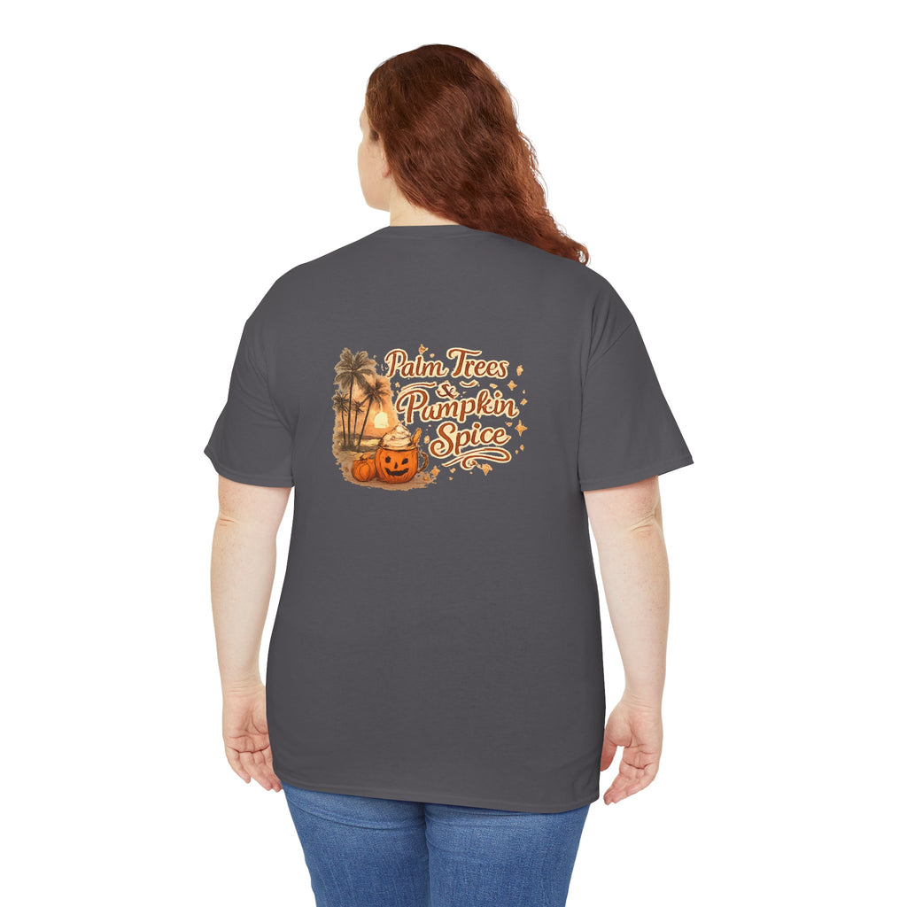 Women's Amore Halloween Icon Palm Trees & Pumpkin Spice Graphic T-Shirt