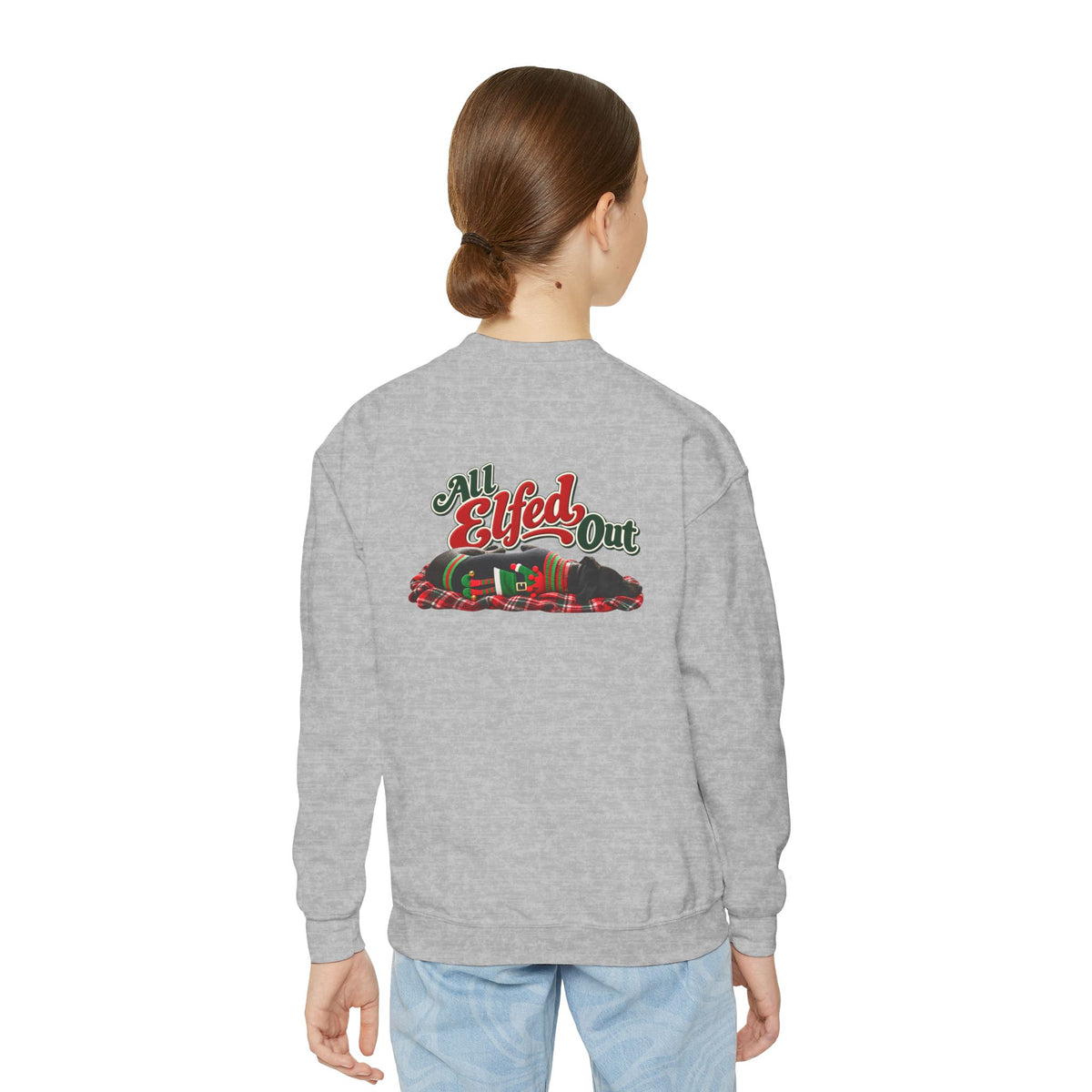 Youth Crewneck Sweatshirt — “Holiday Helper” & “All Elfed Out” Back