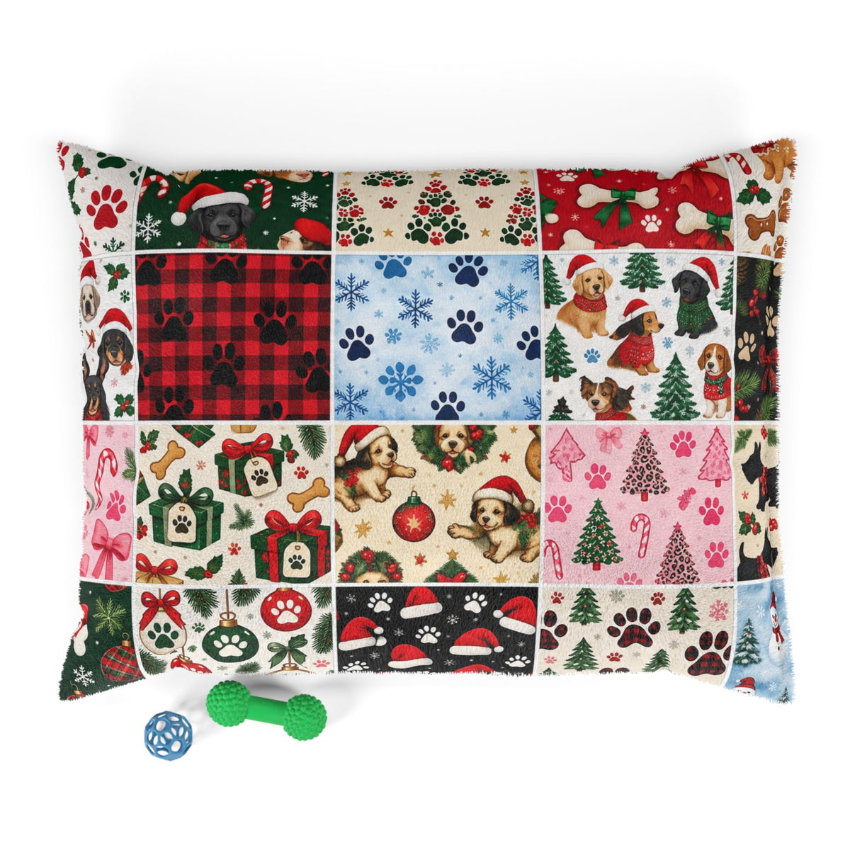 Holiday Patchwork Pet Bed — Festive Paw Print & Puppy Pattern Dog Bed