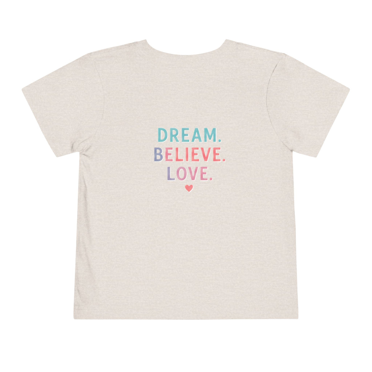 Toddler Tee — Cute Black Dog in Pink Car with "Dream. Believe. Love." Back Print
