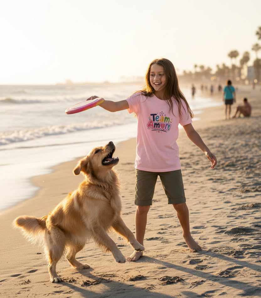Youth Colorful "Team Amore" with Heart & Puppy Graphic T-Shirt