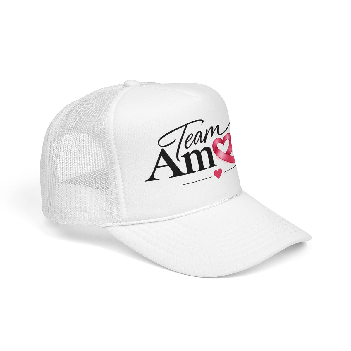 Team Amore Pink Ribbon Foam Trucker Hat — Breast Cancer Support & Valentine Heart Cap