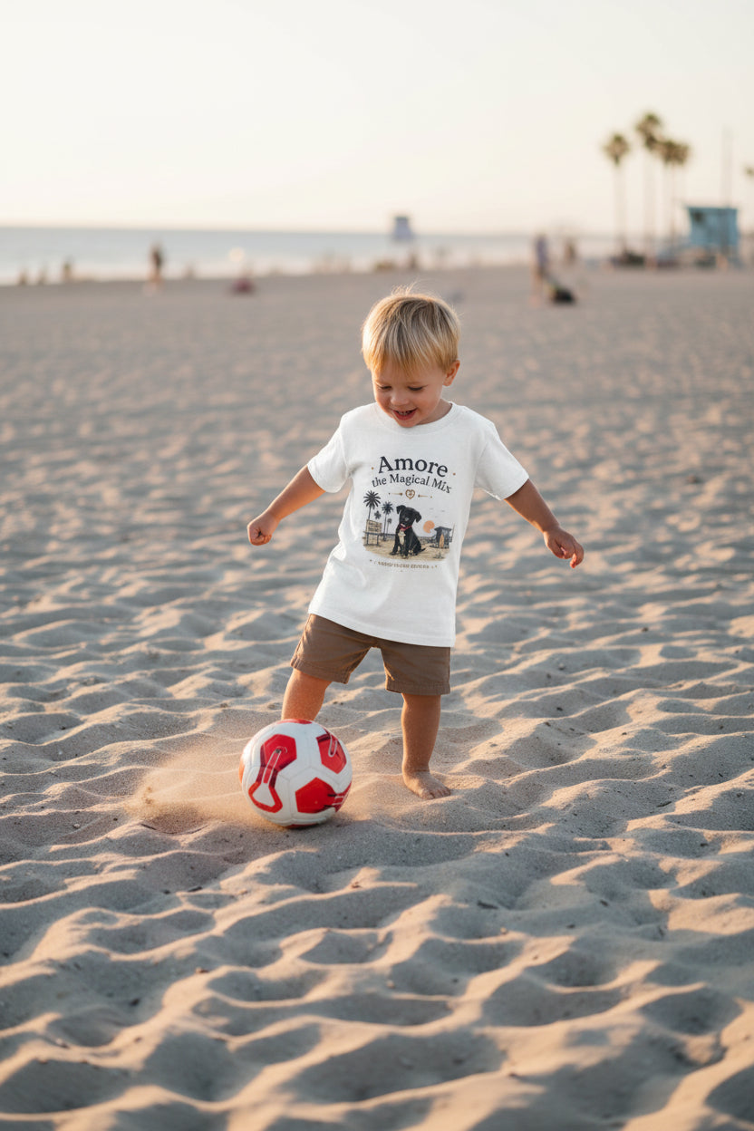Amore the Magical Mix Kids T-Shirt — Cute Beach Puppy Graphic Tee