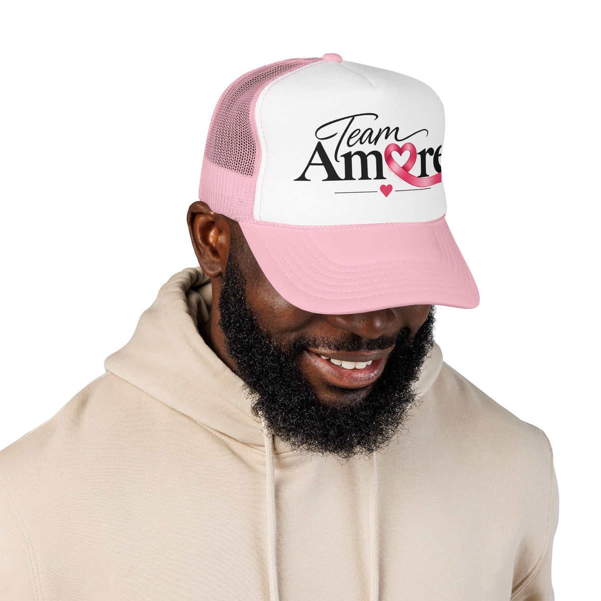 Team Amore Pink Ribbon Foam Trucker Hat — Breast Cancer Support & Valentine Heart Cap