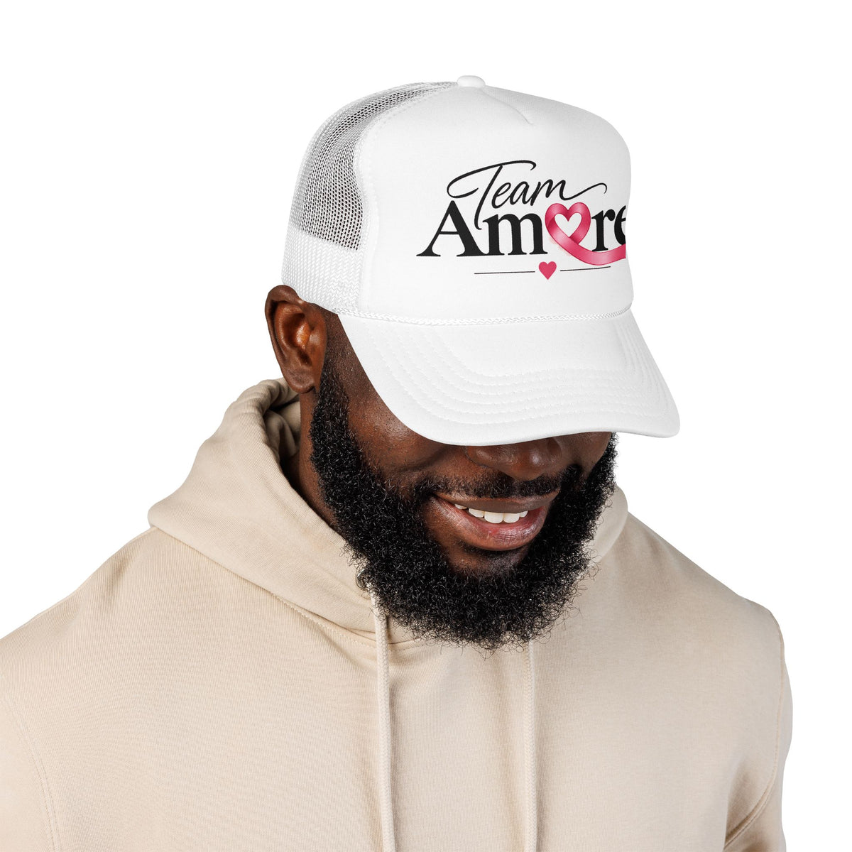 Team Amore Pink Ribbon Foam Trucker Hat — Breast Cancer Support & Valentine Heart Cap