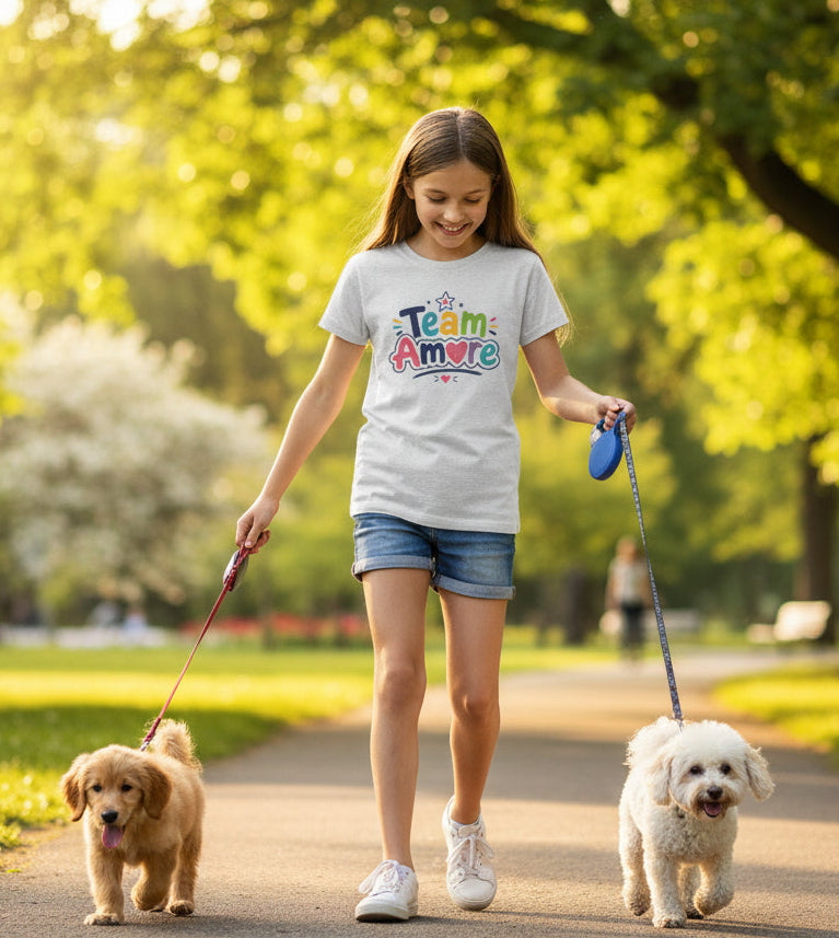 Youth Colorful "Team Amore" with Heart & Puppy Graphic T-Shirt