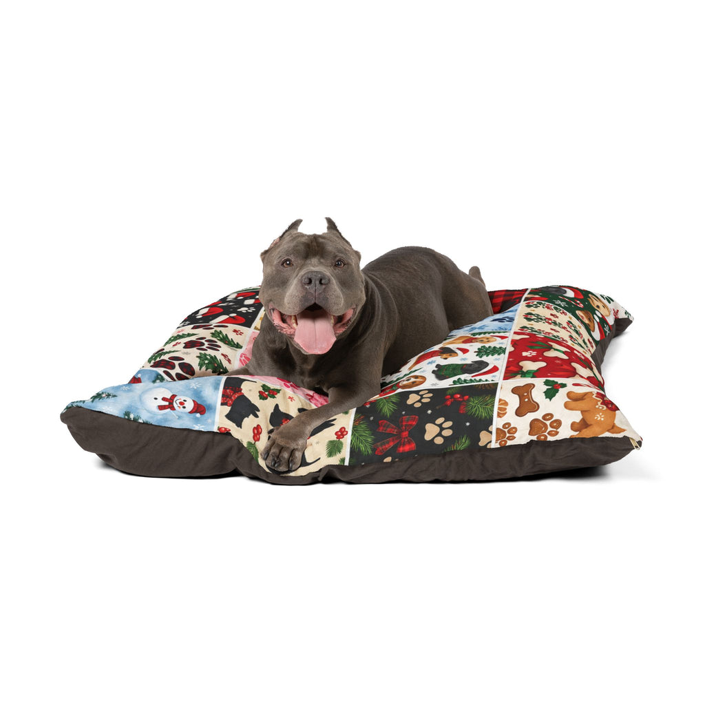 Holiday Patchwork Pet Bed — Festive Paw Print & Puppy Pattern Dog Bed