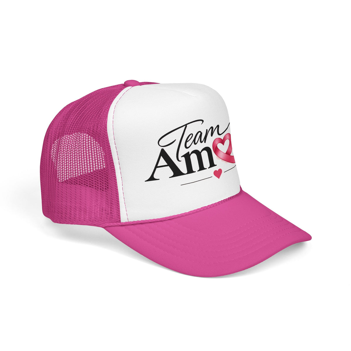 Team Amore Pink Ribbon Foam Trucker Hat — Breast Cancer Support & Valentine Heart Cap
