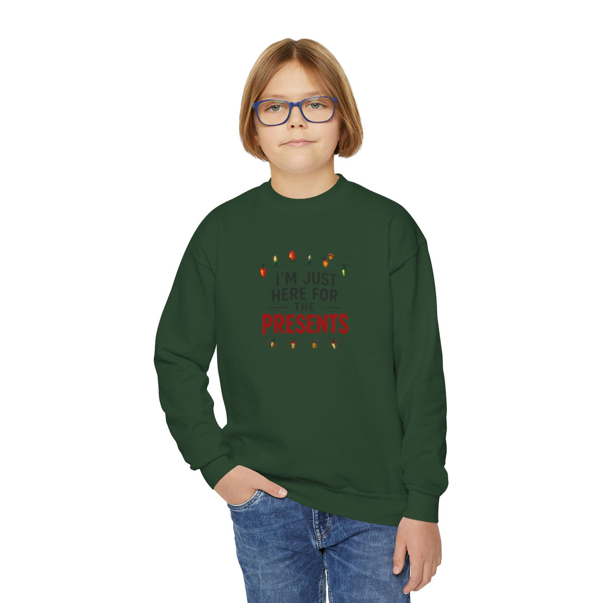 Youth Sweatshirt - "I’m Just Here for the Presents" Christmas Crewneck