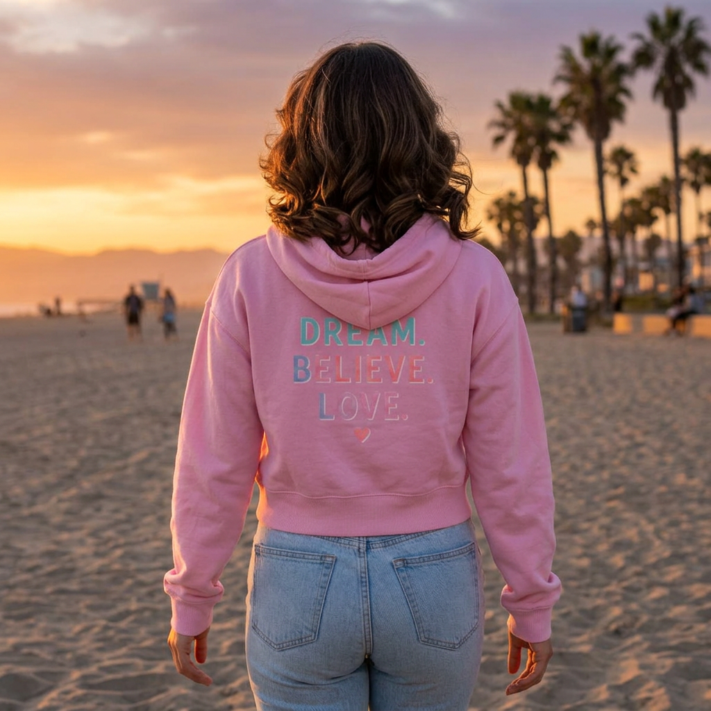 Amore Adult Cropped Hoodie - Pastel “DREAM. BELIEVE. LOVE.” Back