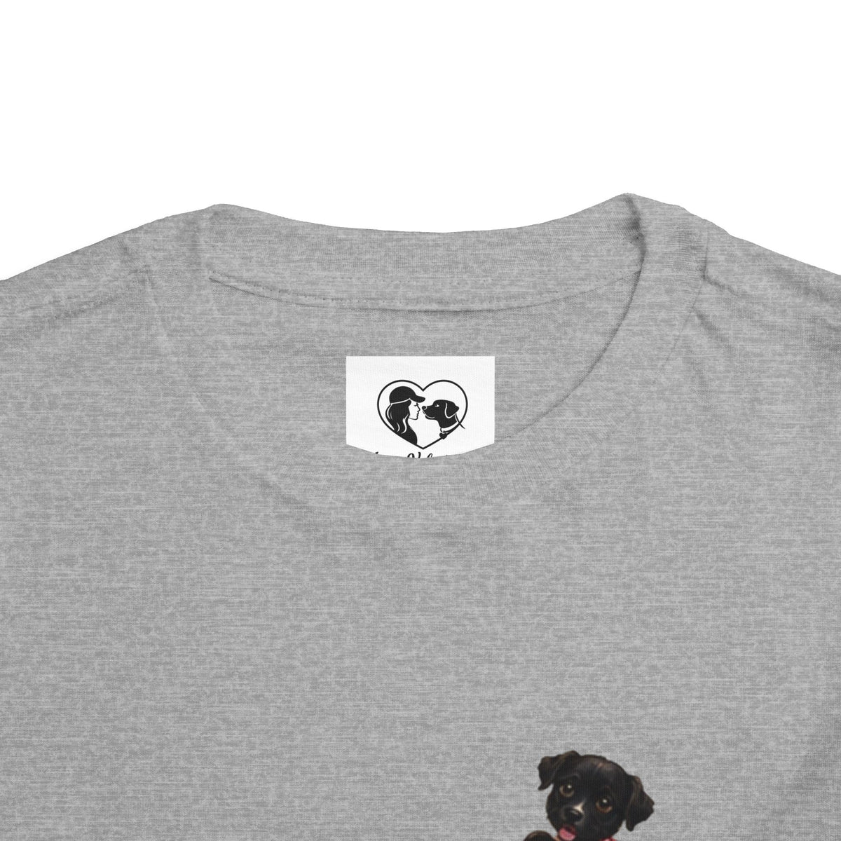 Toddler Tee — Cute Black Dog in Pink Car with "Dream. Believe. Love." Back Print