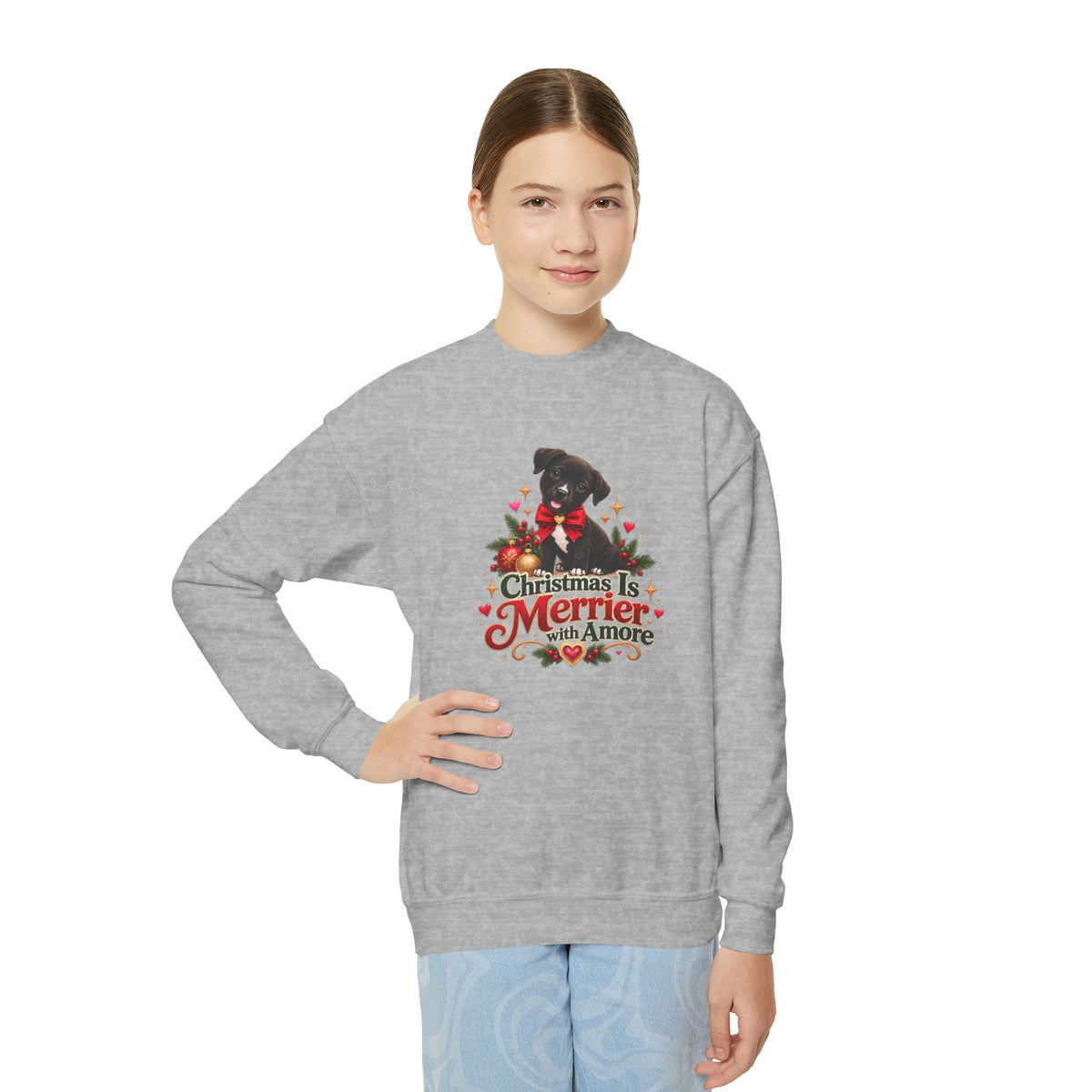Christmas Is Merrier with Amore Youth Crewneck Sweatshirt