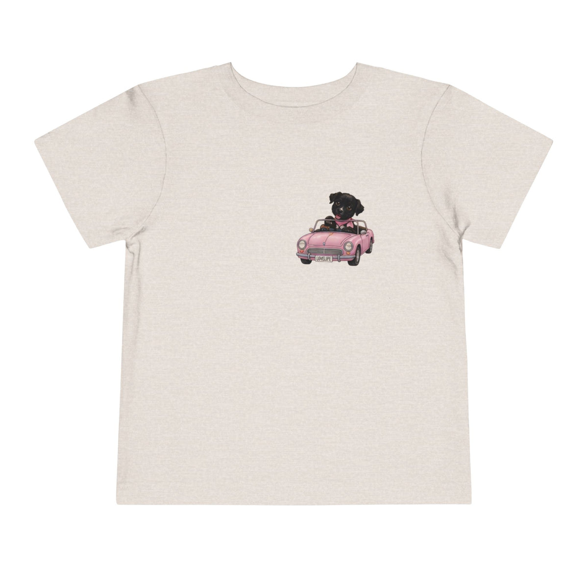Toddler Tee — Cute Black Dog in Pink Car with "Dream. Believe. Love." Back Print