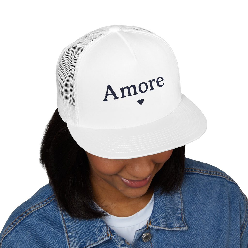 Amore Heart Trucker Hat – Vintage Script Snapback Cap