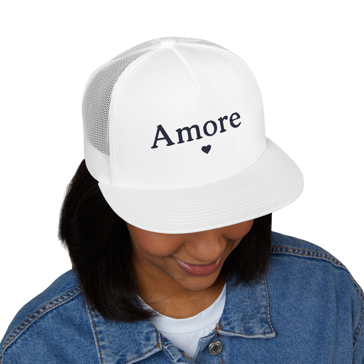 Amore Heart Trucker Hat – Vintage Script Snapback Cap