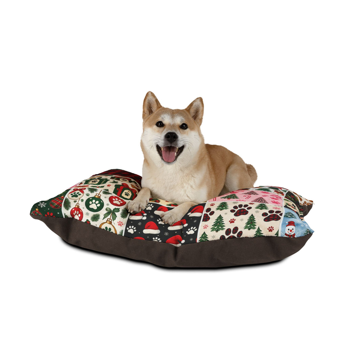 Holiday Patchwork Pet Bed — Festive Paw Print & Puppy Pattern Dog Bed