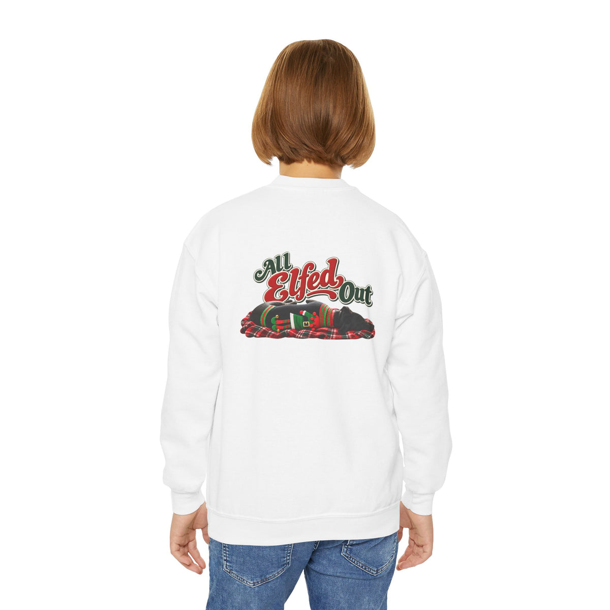 Youth Crewneck Sweatshirt — “Holiday Helper” & “All Elfed Out” Back